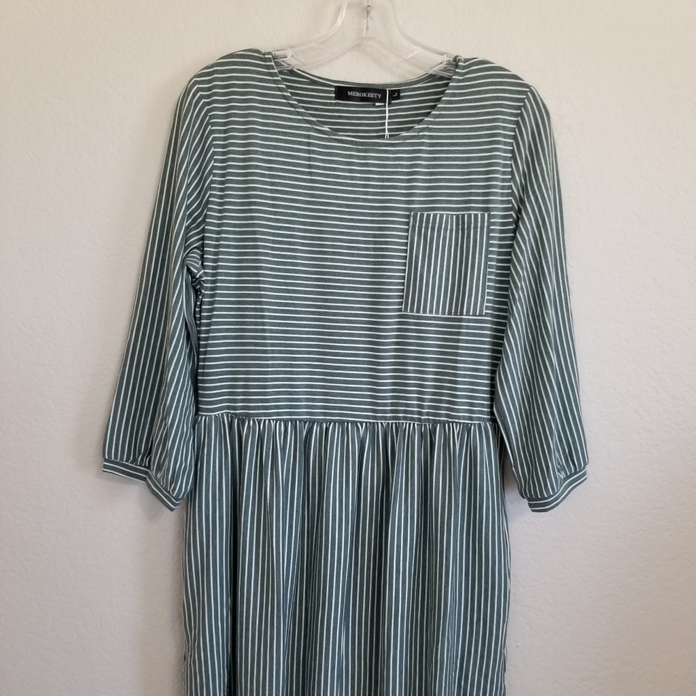Striped Green Midi Tshirt Dress - Picture 4 of 8